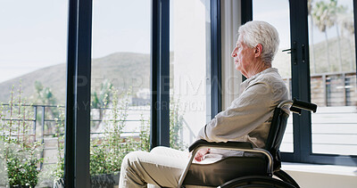 Buy stock photo Wheelchair, sad old man and thinking at window with memory, grief and lonely in nursing home. Retirement, mobility aid and elderly person with depression for mourning loss, nostalgia or mental health