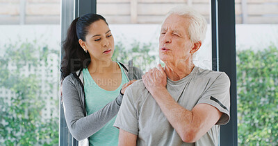 Buy stock photo Physiotherapy, shoulder pain and advice with old man in clinic for muscle healing, rehabilitation and injury. Physical therapy, osteoarthritis and recovery with senior patient and woman in office