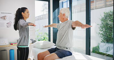Buy stock photo Old man, stretching and physiotherapy with healthcare worker for fitness, muscle recovery and wellness. Active, senior person and physical therapy with arm exercise, rehabilitation support and care.
