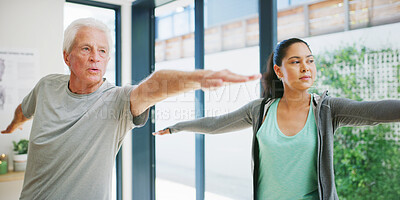 Buy stock photo Old man, stretching and physical therapy with healthcare worker for fitness, muscle recovery and wellness. Yoga, senior person and physiotherapy with warrior pose, rehabilitation support and care.