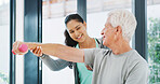 Physiotherapy, weights and woman with elderly man for mobility, rehabilitation and physical therapy. Healthcare, chiropractor and patient with dumbbells for stretching, muscle recovery and strength
