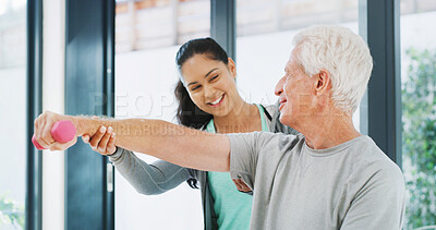 Buy stock photo Physiotherapy, weights and woman with elderly man for mobility, rehabilitation and physical therapy. Healthcare, chiropractor and patient with dumbbells for stretching, muscle recovery and strength