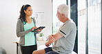 Senior man, physiotherapy and woman on tablet for wellness, rehabilitation and physical therapy. Healthcare, consulting and person on digital tech with patient for medical service, help or recovery