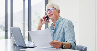 Buy stock photo Phone call, laptop and documents with old man in home for retirement fund, asset management and credit score. Contact, online banking and pension account report with senior person in apartment