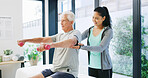 Physical therapy, weights and woman with senior man for mobility, rehabilitation and physiotherapy. Healthcare, chiropractor and patient with dumbbells for stretching, muscle recovery and strength