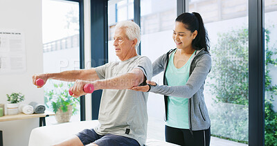 Buy stock photo Physical therapy, weights and woman with senior man for mobility, rehabilitation and physiotherapy. Healthcare, chiropractor and patient with dumbbells for stretching, muscle recovery and strength