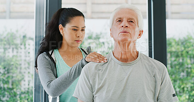 Buy stock photo Physiotherapy, shoulder pain and consulting with old man in clinic for muscle healing, rehabilitation and injury. Physical therapy, osteoarthritis recovery with senior patient and woman in office