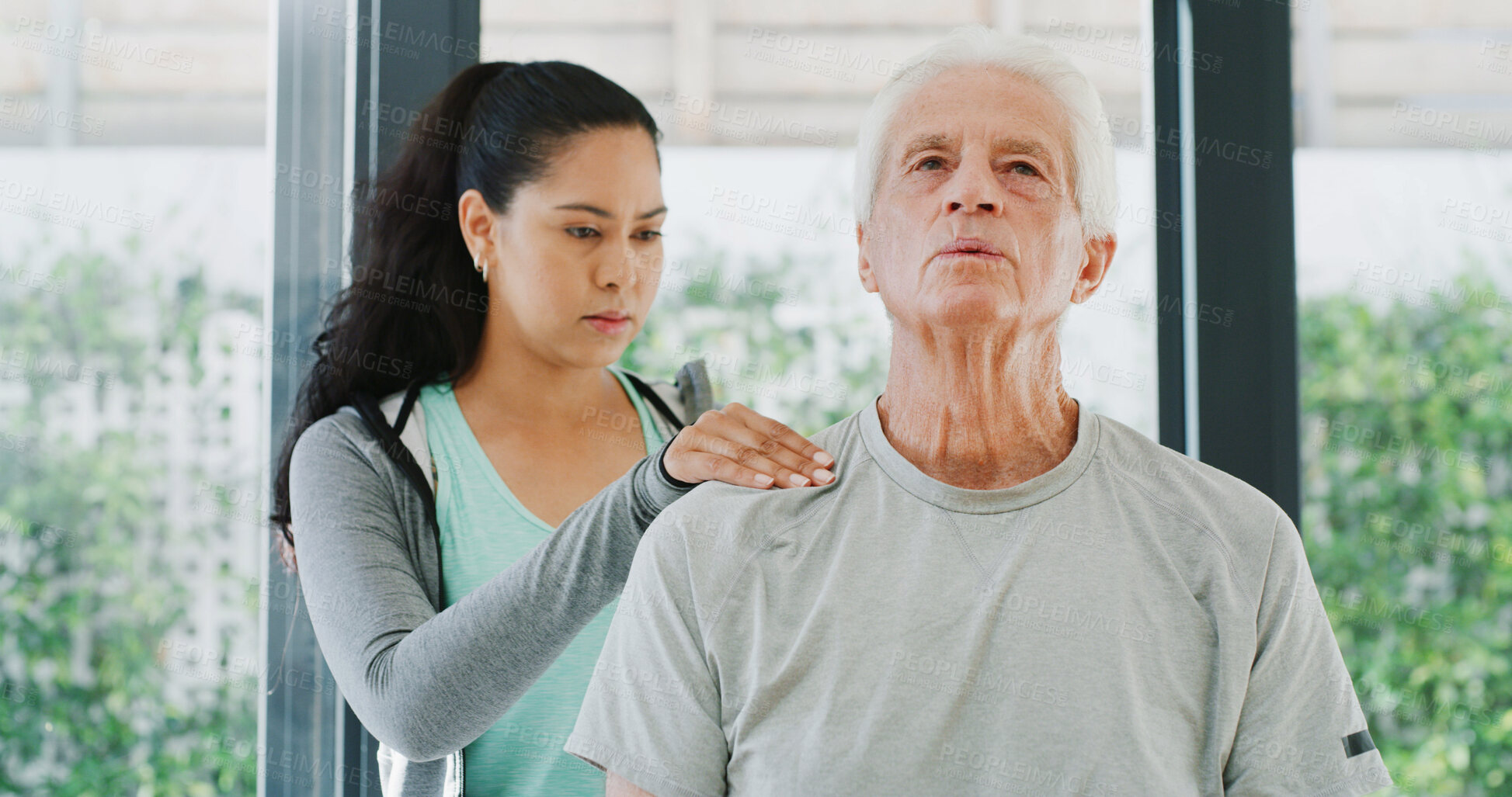 Buy stock photo Physiotherapy, shoulder pain and consulting with old man in clinic for muscle healing, rehabilitation and injury. Physical therapy, osteoarthritis recovery with senior patient and woman in office