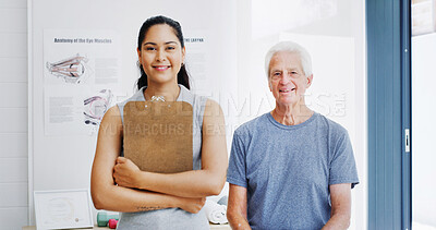 Buy stock photo Physical therapist, senior client and portrait with clipboard in office, retirement health and follow up. Physiotherapy, consultation and people with fitness plan for injury recovery, care and smile.