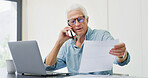 Phone call, research and documents with old man in home for retirement fund, asset management and credit score. Contact, online banking and pension account report with senior person and laptop