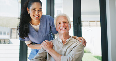 Buy stock photo Healthcare, portrait and smile of nurse with old man in retirement home for rehabilitation or support. Assisted living, bonding or trust with caregiver and senior patient in apartment for wellness