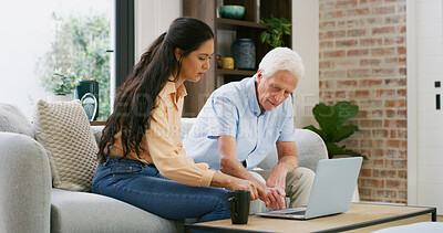 Buy stock photo Laptop, search and daughter with old man on sofa for support, reunion and bonding. Retirement home, love and relax with senior father and woman in living room of apartment for family visit and online