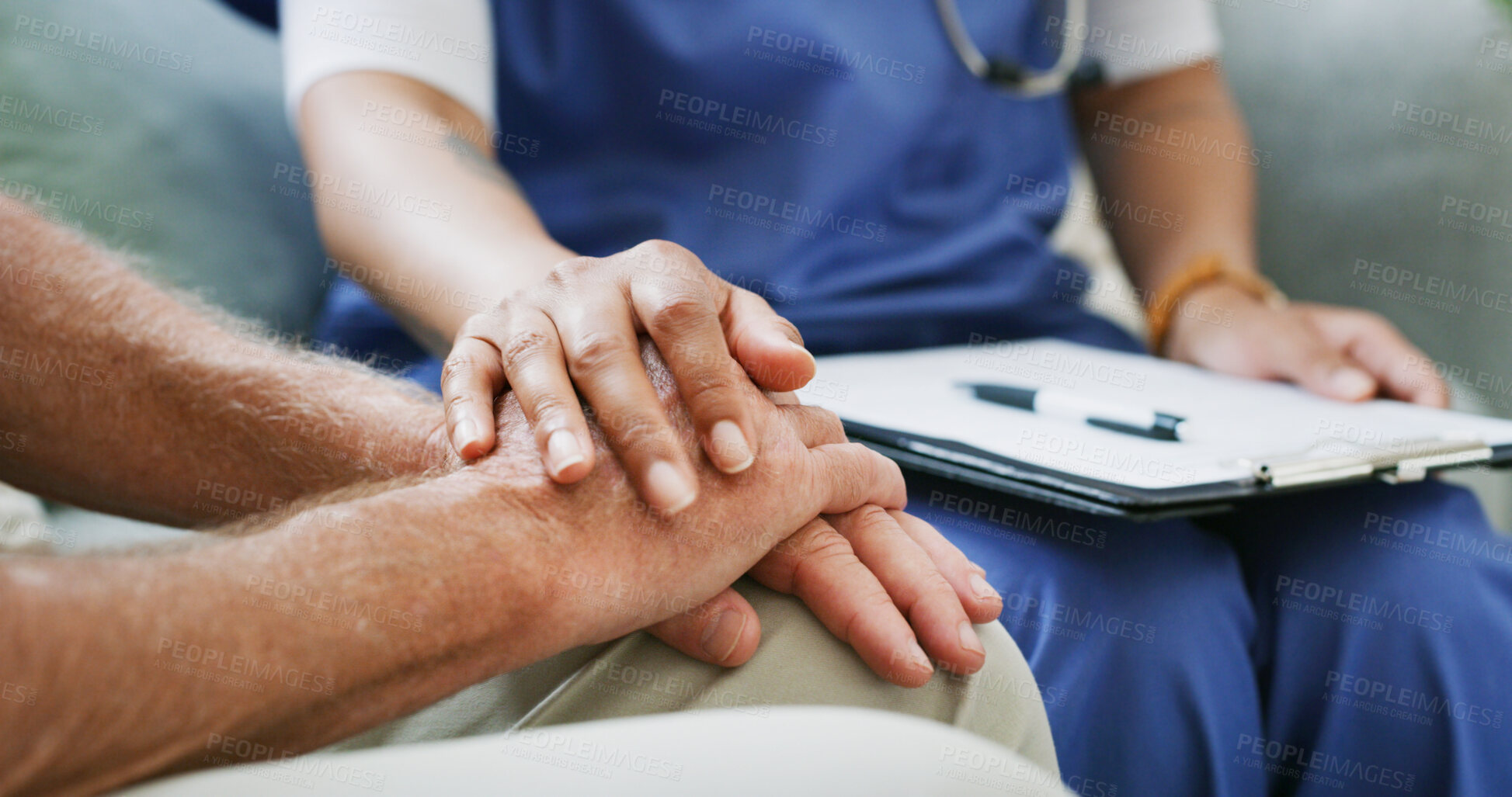 Buy stock photo Clipboard, healthcare and nurse holding hands with old person in clinic for consulting or support. Empathy, rehabilitation or retirement with caregiver and senior patient in session for medical care