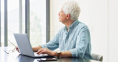 Buy stock photo Old man, thinking and laptop in house for retirement planning, pension policy and finance management. Elderly person, computer and reflection for inheritance info, estate preparation and trust fund.