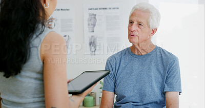Buy stock photo Woman, physiotherapy and old man with tablet for consulting, rehabilitation and physical therapy. Healthcare, talking and person on digital tech with patient for medical service, help or recovery