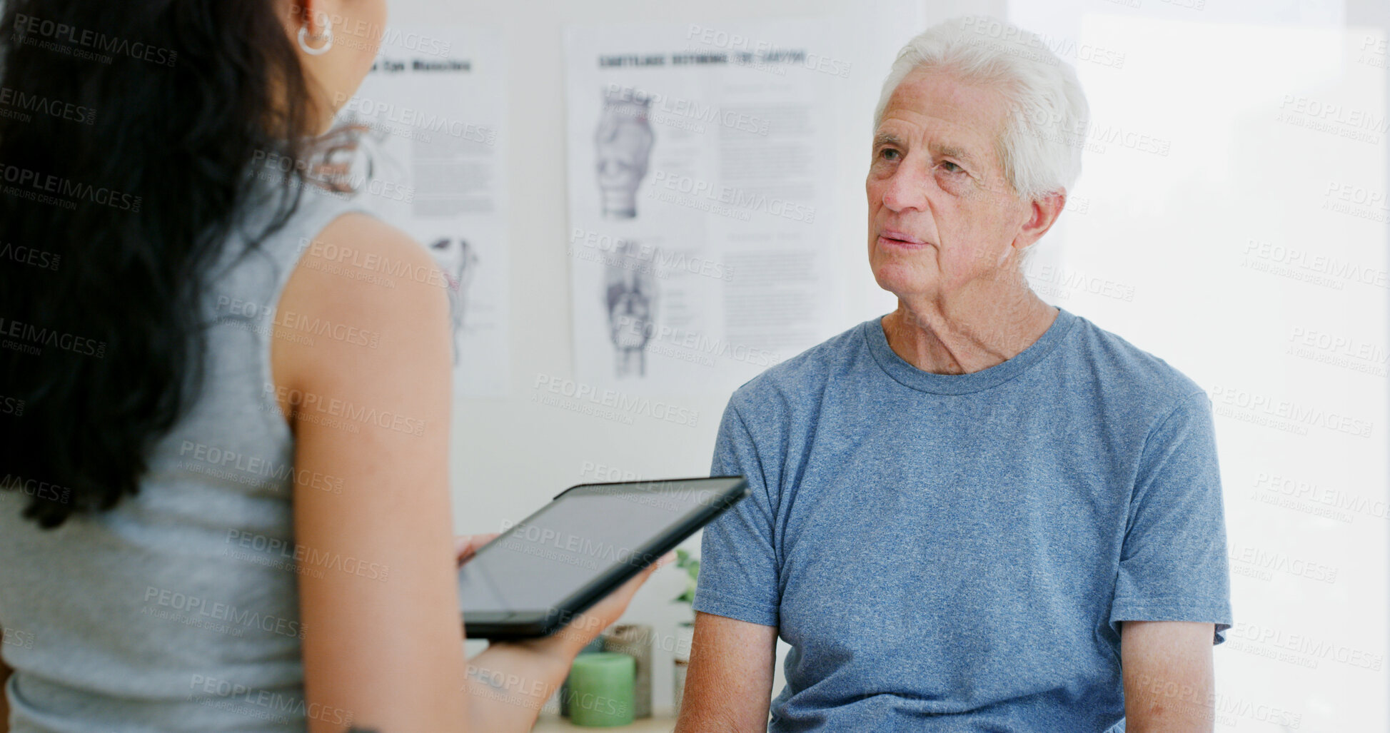 Buy stock photo Woman, physiotherapy and old man with tablet for consulting, rehabilitation and physical therapy. Healthcare, talking and person on digital tech with patient for medical service, help or recovery