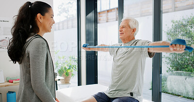 Buy stock photo Resistance band, stretching or old man with physiotherapist, consultation or wellness. Mature patient, people or equipment with muscle recovery, rehabilitation or medical service with help or support