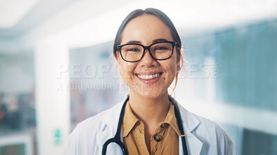 Buy stock photo Portrait, doctor and happy woman in office for medical services, healthcare and cardiology career. Professional, cardiac health or specialist with smile in hospital, wellness and heart care physician