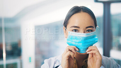 Buy stock photo Portrait, doctor or woman in hospital with face mask for healthcare consultation or protection from Covid. Space, medical professional or PPE for safety compliance, wellness or spread of coronavirus.