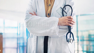 Buy stock photo Stethoscope, hands and doctor with arms crossed in hospital, healthcare professional or cardiology career. Medical specialist, confident and woman with health support, cardiac care and heart wellness