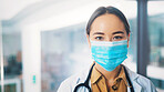 Portrait, doctor and woman in hospital with ppe for healthcare policy and protection from Covid. Space, medical worker and person with mask for safety compliance, wellness and spread of coronavirus.
