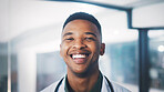 Portrait, doctor and black man in hospital for smile, healthcare and wellness. African person, happy medical professional and support in health clinic for confidence, about us and service in Kenya
