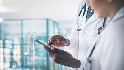 Buy stock photo Hands, tablet and team planning with doctors for medical results, schedule or report in clinic. Technology, people and collaboration in hospital for healthcare information, telehealth and discussion