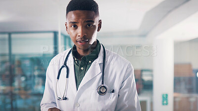 Buy stock photo Portrait, doctor and black man in hospital for cardiology, healthcare or wellness. African person, medical professional and support in clinic lobby for specialist, about us and service in Kenya
