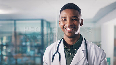 Buy stock photo Portrait, doctor and black man in clinic for medical services, healthcare and cardiology career. Professional, cardiac health and specialist with smile in hospital, wellness and heart care physician.