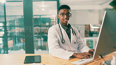 Buy stock photo Computer, portrait and typing with doctor black man at desk in hospital for results review. Healthcare, medical and report with medicine professional in office at clinic for agenda or schedule