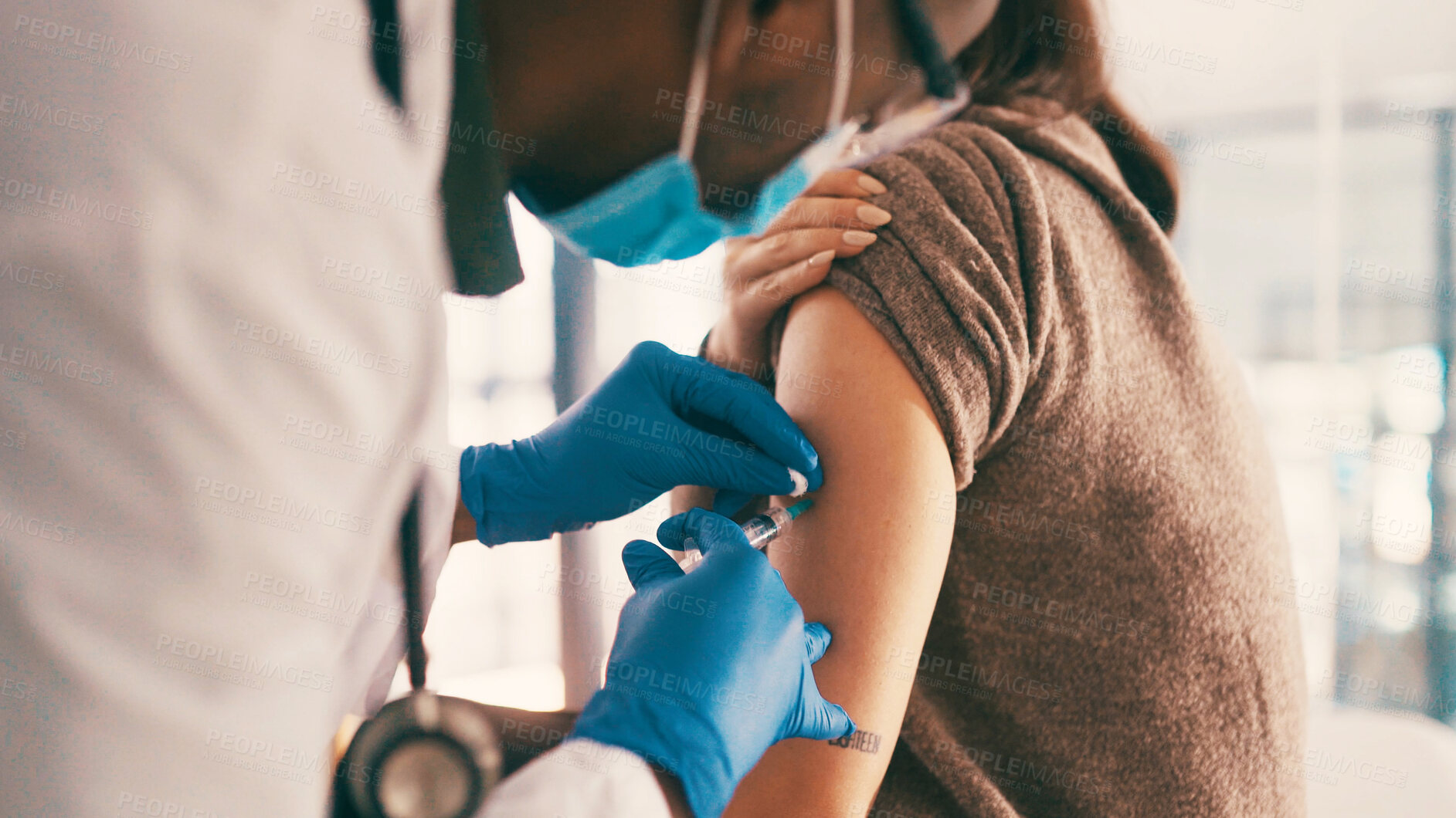 Buy stock photo Medicine, doctor and patient with syringe for healthcare injection, vaccine and flu shot for wellness. PPE, medical treatment or people with needle for immune system boost, prevent virus or infection
