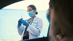 Woman, doctor and person in vehicle for vaccine, immunization and prevent disease in drive through. People, face mask and outdoor injection for medical treatment, infection control and healthcare ppe