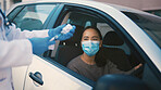 Doctor, patient and hands with vaccine, car and injection for Covid 19 prevention and communication. Drive tru, medical help and consultation for RSV immunization, medicine and woman in vehicle