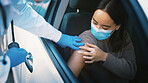 Patient, injection and hands with vaccine, car and healthcare for Covid 19 prevention and treatment. Drive tru, doctor and medical help for RSV immunization, medicine and booster for woman in vehicle