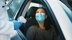 Woman, face mask or car with doctor for transportation, boarding stop or portable screening. Female person, driver or traveler with safety regulation for viral outbreak, pandemic or security protocol