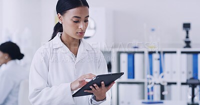 Buy stock photo Science, woman or reading with tablet in research lab, study biotech innovation or medical development. Healthcare advancement, trial results and scientist check pharma test, tech and medicine report