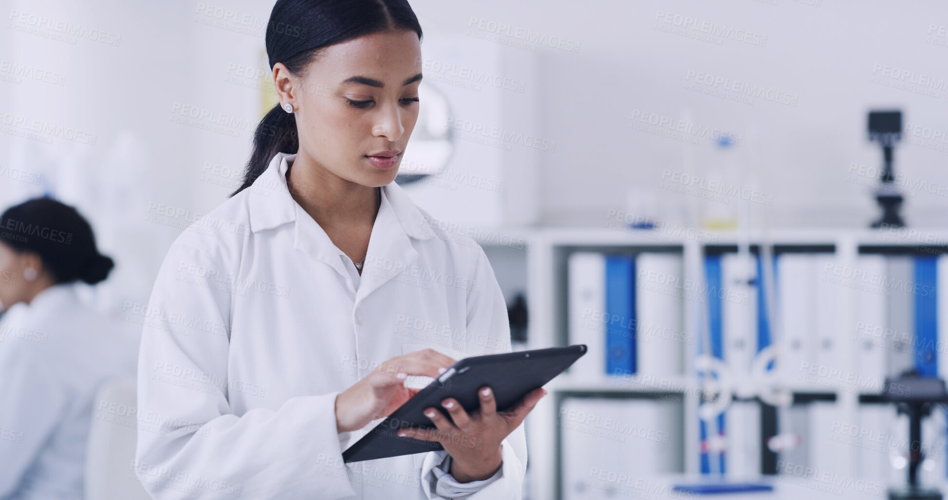 Buy stock photo Science, woman or reading with tablet in research lab, study biotech innovation or medical development. Healthcare advancement, trial results and scientist check pharma test, tech and medicine report
