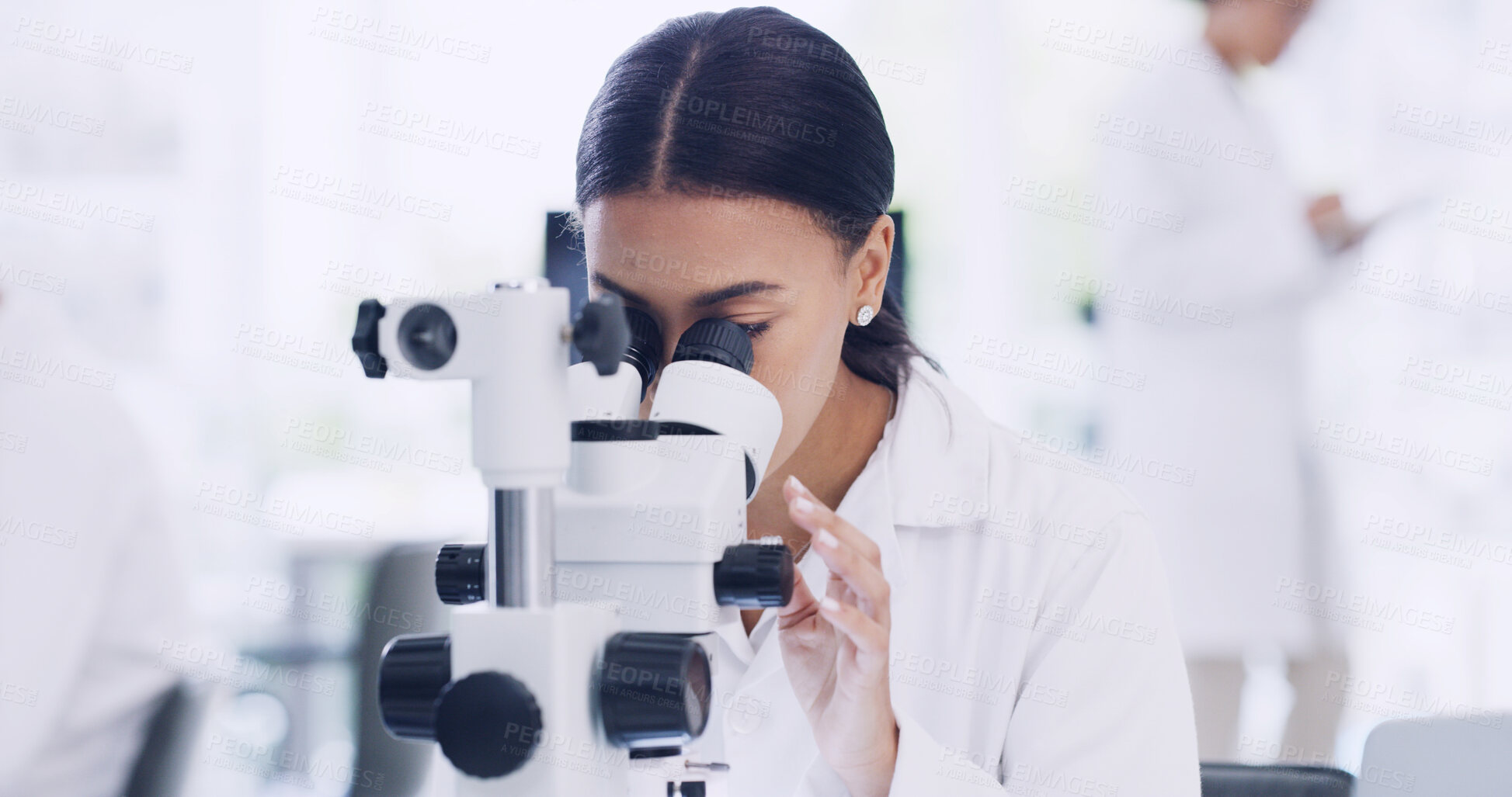 Buy stock photo Microscope, research and medical with woman in lab for chemical study, molecule and sample. Microbiology particles, discovery and vaccine experiment with scientist in clinic for cure and pharmacy