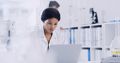 Buy stock photo Laptop, woman and scientist in laboratory for medical research, project or healthcare innovation. Science, reading and female biologist with clinical trial for pharmaceutical development on computer.