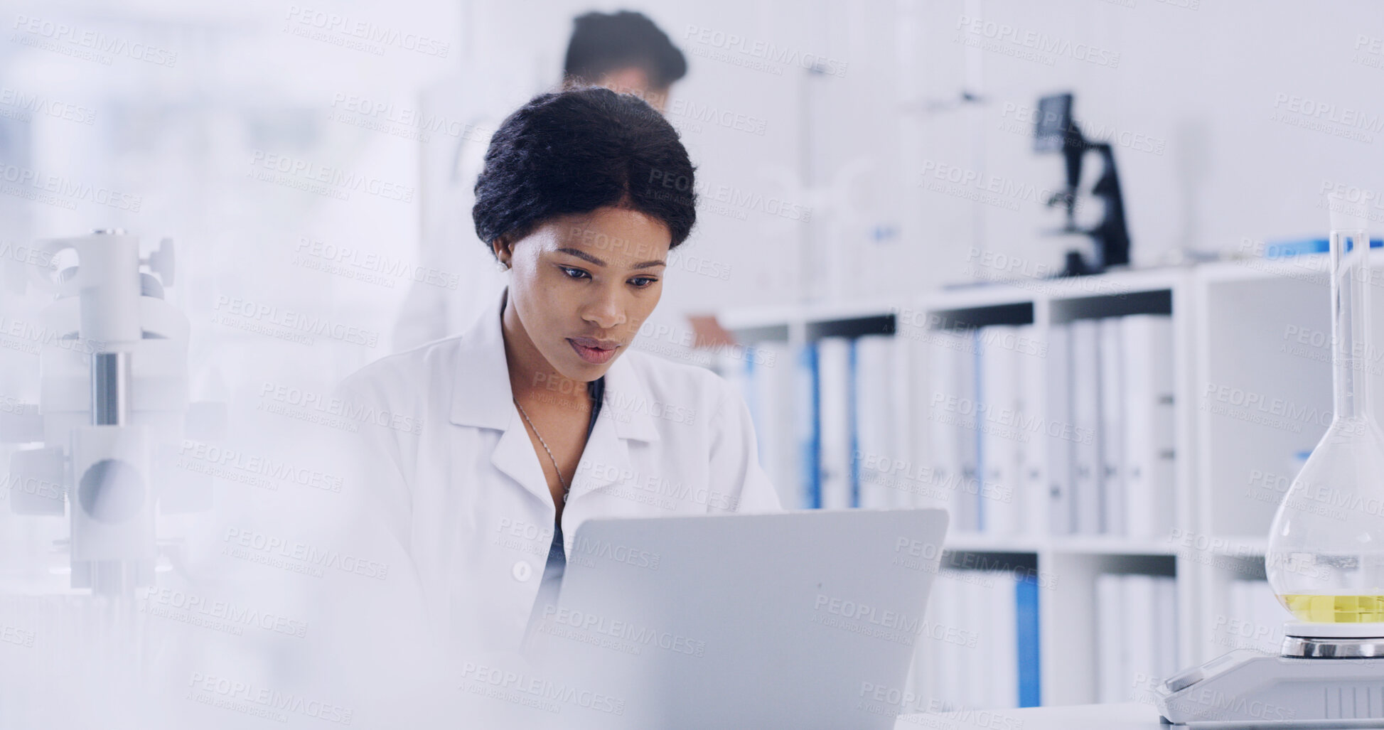Buy stock photo Laptop, woman and scientist in laboratory for medical research, project or healthcare innovation. Science, reading and female biologist with clinical trial for pharmaceutical development on computer.