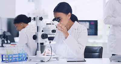 Buy stock photo Microscope, research and molecule with woman in lab for chemical study, medical and sample. Microbiology particles, discovery and vaccine experiment with scientist in clinic for cure and pharmacy