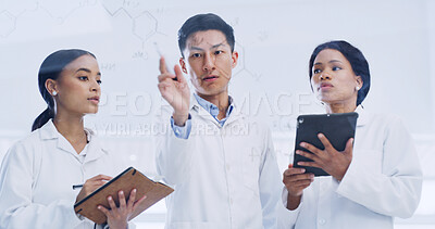 Buy stock photo Laboratory, glass wall and scientist team with chemistry formula, research or molecule. Tablet science and people with board for chemical equation, medical development or brainstorming notes in lab