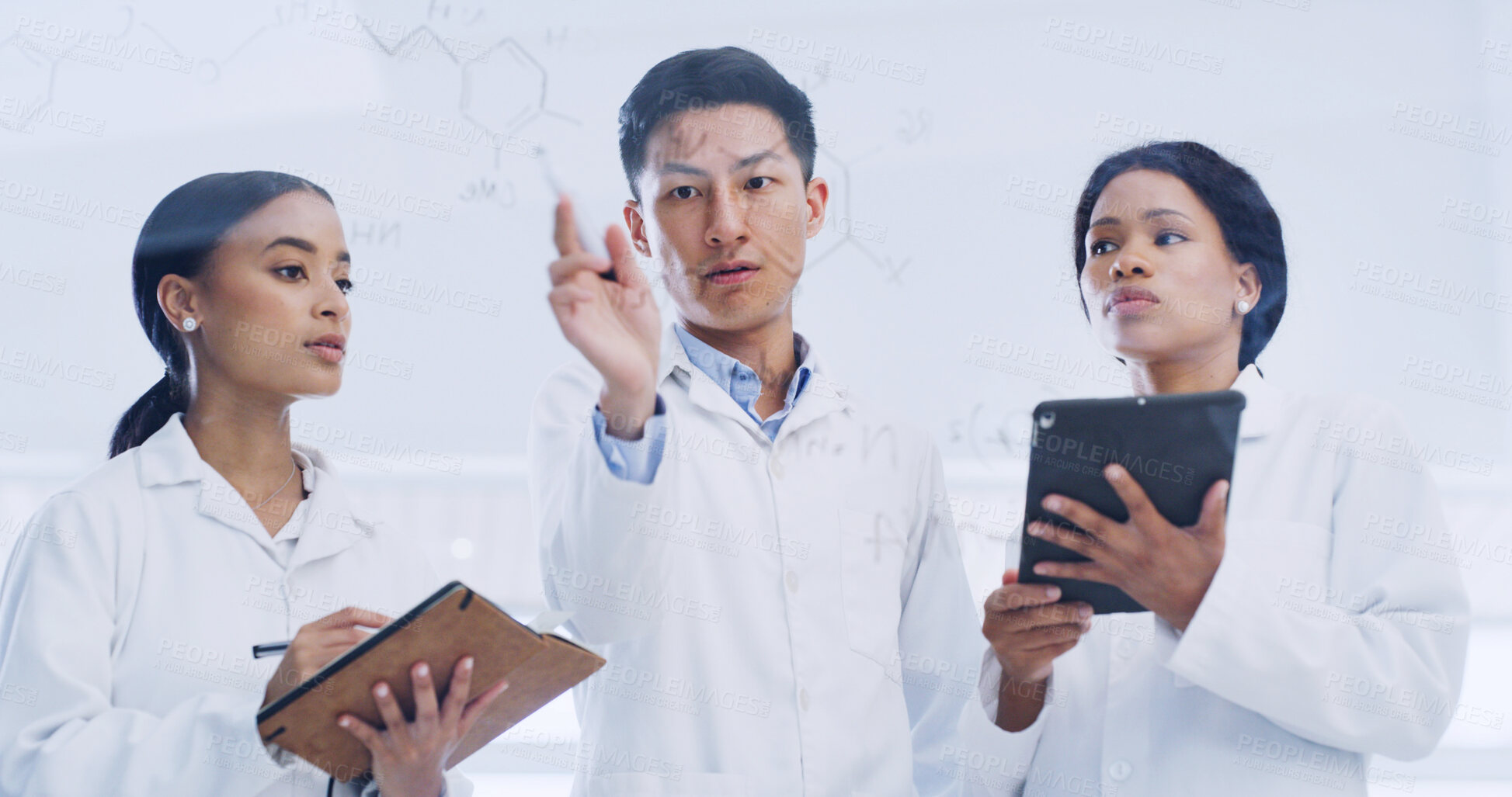 Buy stock photo Laboratory, glass wall and scientist team with chemistry formula, research or molecule. Tablet science and people with board for chemical equation, medical development or brainstorming notes in lab