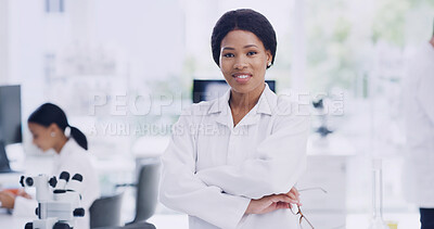 Buy stock photo Portrait, scientist and woman in laboratory with confidence, medical research and development. Smile, science innovation and person with arms crossed, microbiology professional and career pride