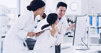 Buy stock photo Success, research and computer with people in lab for teamwork, science breakthrough and test results. Medical report, chemical analysis and vaccine trial with scientists in clinic for cure update