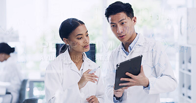 Buy stock photo Tablet, scientist and team with glass wall in lab for chemistry formula, brainstorming or planning. Tech, science and people with board for collaboration, medical development and research molecule