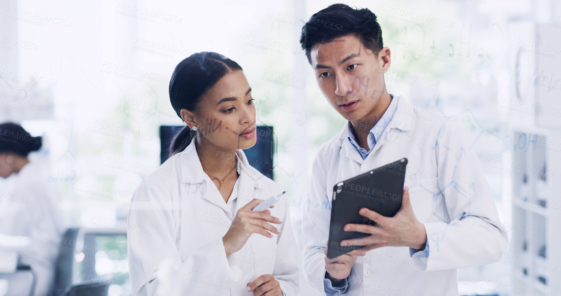 Buy stock photo Tablet, scientist and team with glass wall in lab for chemistry formula, brainstorming or planning. Tech, science and people with board for collaboration, medical development and research molecule
