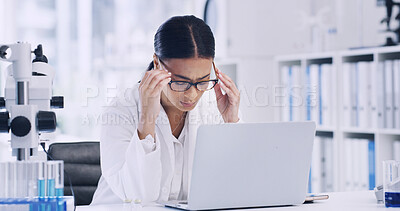 Buy stock photo Woman, scientist or laptop with stress for mistake, fail or forensic research in laboratory. Female person, healthcare worker or science with headache on computer for pressure or medical deadline