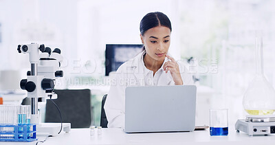 Buy stock photo Laptop, woman and scientist in laboratory for medical project, research or healthcare innovation. Science, reading and female biologist with clinical trial for pharmaceutical development on computer.