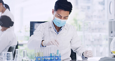 Buy stock photo Man, scientist and vial with chemical compound in laboratory for medical research or discovery. Male person, science and liquid with mask for scientific experiment, chemistry or study of medicine